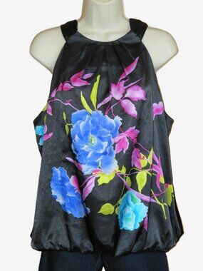 Studio Y Halter Top Black Floral Tie Neck Elastic Waist Size XL